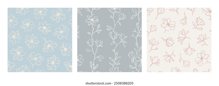 Conjunto de padrões de vetor sem emenda com elegantes flores de magnólia de arte de linha, ramos e botões em cores pastel. Mão desenhado fundo botânico encantador para o empacotamento e têxtil. Padrões florais lineares