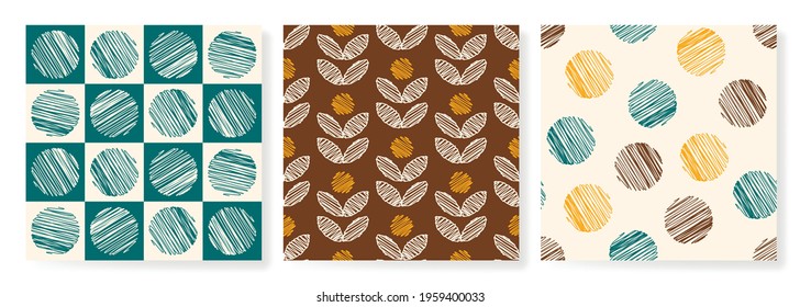 A set of vector seamless patterns with elements of sketch, hatching, embroidery. In eco colors.