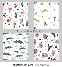 Set of vector seamless patterns, endless textures, with funny African animals, plants and birds on white background, flat hand drawn, Scandinavian style. Prints, textiles, kids clothing and posters
