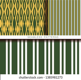 Set of vector seamless patterns. Endless textures in green yellow white colors. Retro abstract striped background. Spring summer and autumn vintage textures with stripes and ornament