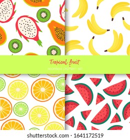 set of vector seamless patterns with exotic fruits: watermelon, orange, lemon, lime, banana, kiwi, dragon fruit. vector summer hand drawn illustration. use for fabric, packaging paper