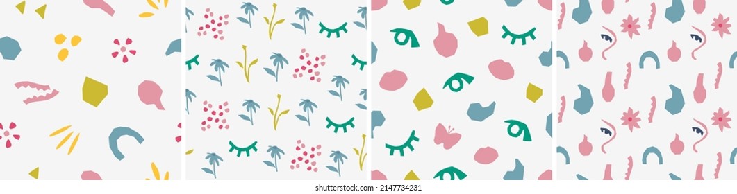 Set of vector seamless patterns. Floral and abstract shapes in cutout style. Creative vector illustration for printing, decor, textile, branding design