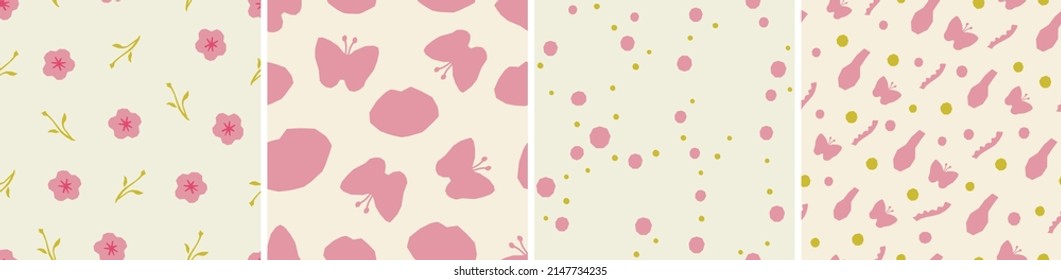 Set of vector seamless patterns. Floral and abstract shapes in cutout style. Creative vector illustration for printing, decor, textile, branding design