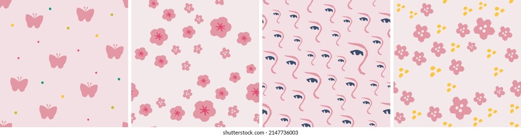 Set of vector seamless patterns. Floral and abstract shapes in cutout style. Creative vector illustration for printing, decor, textile, branding design