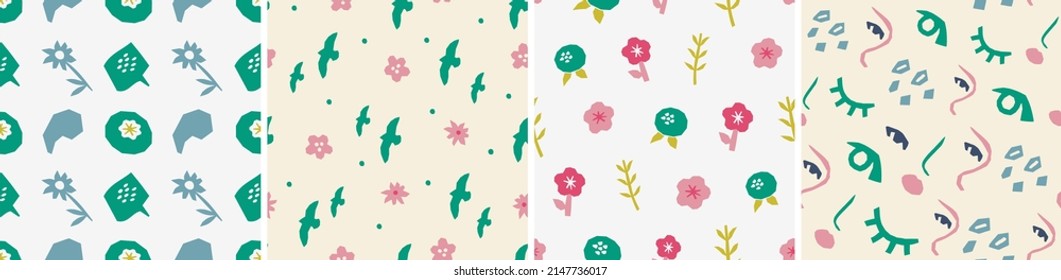 Set of vector seamless patterns. Floral and abstract shapes in cutout style. Creative vector illustration for printing, decor, textile, branding design
