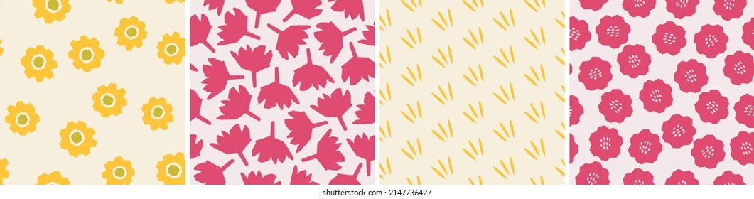 Set of vector seamless patterns. Floral and abstract shapes in cutout style. Creative vector illustration for printing, decor, textile, branding design