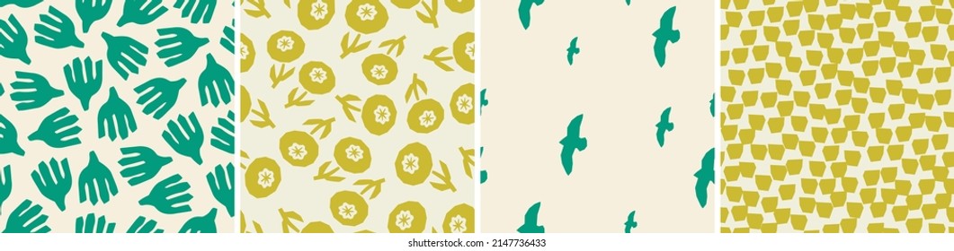 Set of vector seamless patterns. Floral and abstract shapes in cutout style. Creative vector illustration for printing, decor, textile, branding design