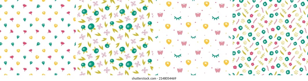 Set of vector seamless patterns. Floral and abstract shapes in cutout style. Creative vector illustration for printing, decor, textile, branding design