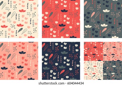Set of vector seamless patterns with floral doodles.