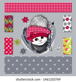Set of vector seamless patterns with  flowers and hand drawn illustration of pretty white cat. Print on T-shirts, bags  and and other fashion products. Design children's clothing and accessories. 