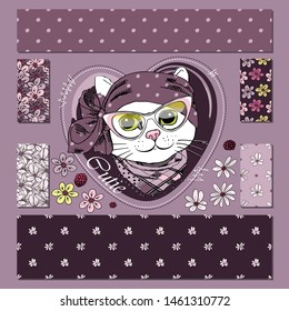 Set of vector seamless patterns with  flowers and hand drawn illustration of pretty white cat. Print on T-shirts, bags  and and other fashion products. Design children's clothing and accessories. 