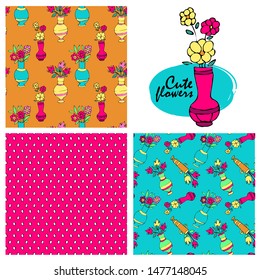 Set of vector seamless patterns with  flowers in a vase. Hand drawn illustration of flowers. Print on T-shirts, bags and other fashion products. Design children's clothing and accessories.
