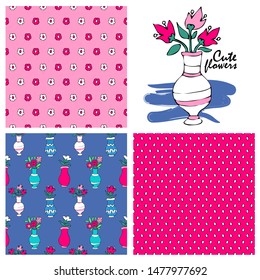Set of vector seamless patterns with  flowers in a vase. Hand drawn illustration of flowers. Print on T-shirts, bags and other fashion products. Design children's clothing and accessories.