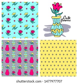 Set of vector seamless patterns with  flowers in a vase. Hand drawn illustration of flowers. Print on T-shirts, bags and other fashion products. Design children's clothing and accessories.