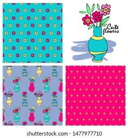 Set of vector seamless patterns with  flowers in a vase. Hand drawn illustration of flowers. Print on T-shirts, bags and other fashion products. Design children's clothing and accessories.