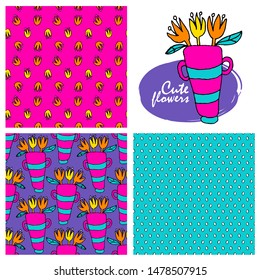Set of vector seamless patterns with  flowers in a vase. Hand drawn illustration of flowers. Print on T-shirts, bags and other fashion products. Design children's clothing and accessories.