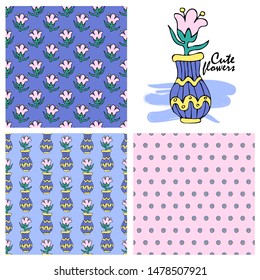 Set of vector seamless patterns with  flowers in a vase. Hand drawn illustration of flowers. Print on T-shirts, bags and other fashion products. Design children's clothing and accessories.