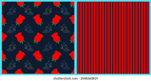 A set of vector seamless patterns. Flowers of roses and butterflies on a dark isolated background. Dark blue vertical stripes on a red background. 