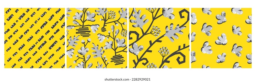 Set of vector seamless patterns of flowers and leaves. Seamless background for trendy fabrics, wallpapers, wrapping paper, packaging, linens, postcards in gray and yellow colors.