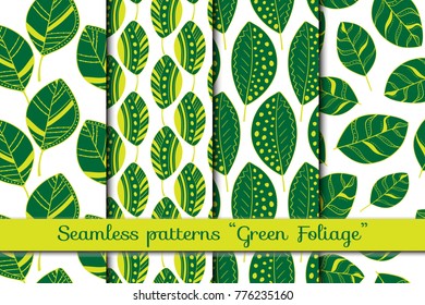Set of vector seamless patterns in folk scandinavian style. Green foliage with yellow streaks in chaotic on white backgraund. Green summer leaves and flowers for your design