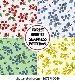 Set of vector seamless patterns with forest berries; natural design for fabric, wallpaper, wrapping paper, textile, packaging, web design.
