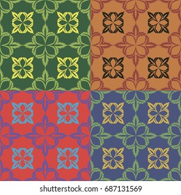 Set of vector seamless patterns in four different colors with floral elements