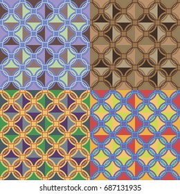 Set of vector seamless patterns in four different colors with geometric shapes
