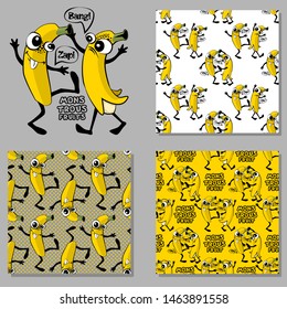 Set of vector seamless patterns with fruits. Hand drawn illustration of bananas. Print on T-shirts, bags and and other fashion products. Design children's clothing and accessories.