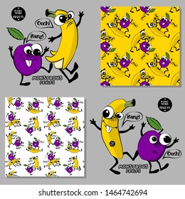 Set of vector seamless patterns with fruits. Hand drawn illustration of bananas and plums. Print on T-shirts, bags and and other fashion products. Design children's clothing and accessories.