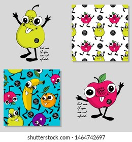 Set of vector seamless patterns with fruits. Hand drawn illustration of pears and apples. Print on T-shirts, bags and and other fashion products. Design children's clothing and accessories.