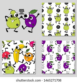 Set of vector seamless patterns with fruits. Hand drawn illustration of plums and pears. Print on T-shirts, bags and and other fashion products. Design children's clothing and accessories.