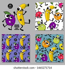 Set of vector seamless patterns with fruits. Hand drawn illustration of bananas and plums. Print on T-shirts, bags and and other fashion products. Design children's clothing and accessories.