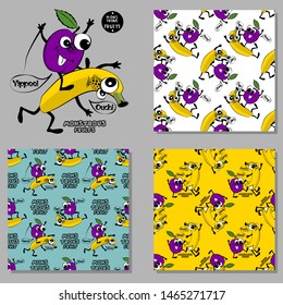 Set of vector seamless patterns with fruits. Hand drawn illustration of bananas and plums. Print on T-shirts, bags and and other fashion products. Design children's clothing and accessories.