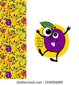 Set of vector seamless patterns with fruits. Hand drawn illustration of  plums. Print on T-shirts, bags and and other fashion products. Design children's clothing and accessories.