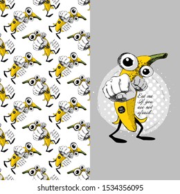 Set of vector seamless patterns with fruits. Hand drawn illustration of bananas. Print on T-shirts, bags and and other fashion products. Design children's clothing and accessories.