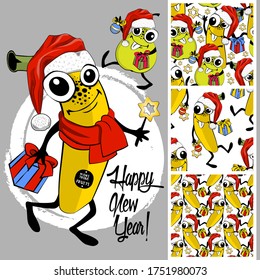 Set of vector seamless patterns with fruits. Funny illustration of bananas and pear with santa hats. Fruits wish you a happy new year. Happy New Year.
