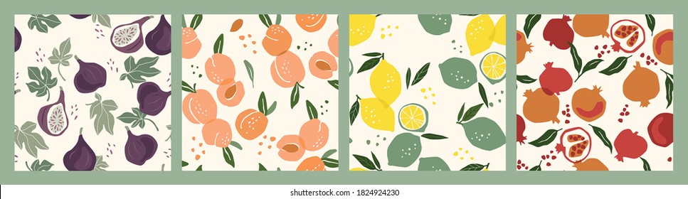 Set of vector seamless patterns with fruits. Trendy hand drawn textures. Modern abstract design for paper, cover, fabric, interior decor and other users.