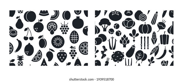 Set of vector seamless patterns with fruits and vegetables. Endless texture, background, wallpaper. Black silhouette, fill solid icon, glyph. Healthy food and vitamins.