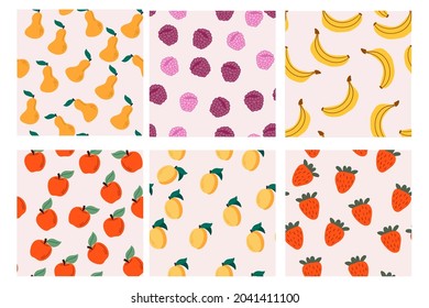 Conjunto de patrones vectoriales sin fisuras con frutos. Texturas dibujadas a mano.  Diseño para papel, cubierta, tela, textil, decoración interior