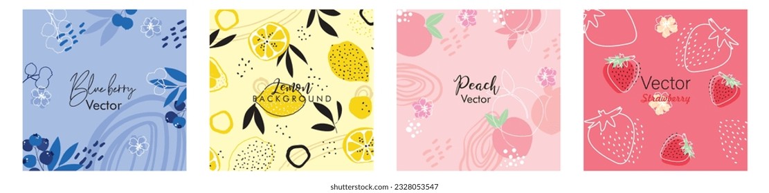 Conjunto de patrones vectoriales sin fisuras con frutos. Texturas dibujadas a mano de moda. Diseño abstracto moderno para papel, cubierta, tela, decoración interior y otros usuarios.