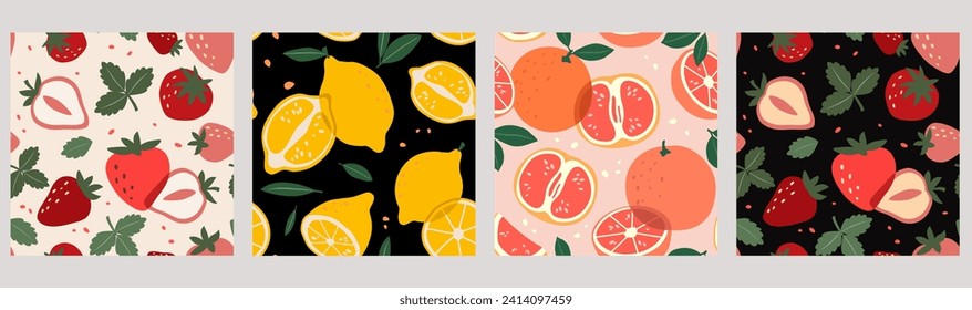 Conjunto de patrones vectoriales sin fisuras con frutos. Diseño abstracto moderno para el papel, la tela, la decoración interior y otros usuarios.