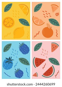 Set of vector seamless patterns with fruits. Trendy hand drawn textures. Modern abstract design for paper, cover, fabric, interior decor and other users.