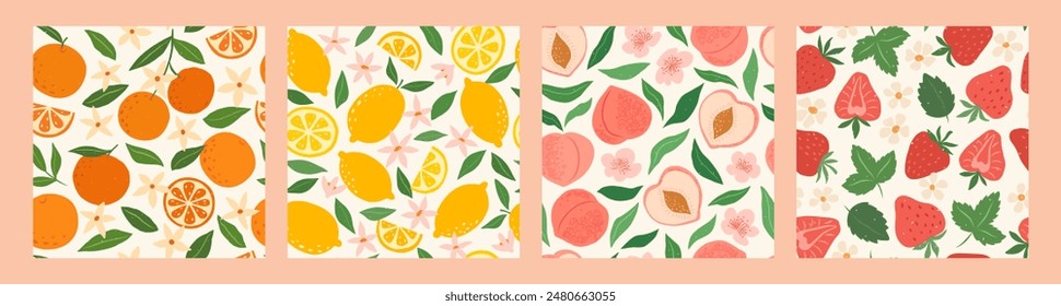 Conjunto de patrones sin costuras de Vector con frutas. Texturas dibujadas a mano de moda con naranjas, limones, melocotones y fresa. Jugosos fondos de frutas sabrosas. Diseño abstracto moderno para papel, cubierta, tela.