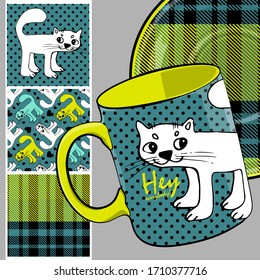 Set of vector seamless patterns with funny pretty cats. Print on T-shirts, cups and other fashion products. Design clothing and accessories.