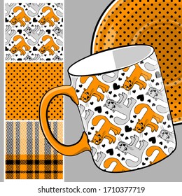 Set of vector seamless patterns with funny pretty cats. Print on T-shirts, cups and other fashion products. Design clothing and accessories.
