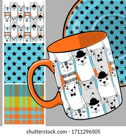 Set of vector seamless patterns with funny pretty cats. Print on T-shirts, cups and other fashion products. Design clothing and accessories.