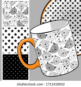 Set of vector seamless patterns with funny pretty cats. Print on T-shirts, cups and other fashion products. Design clothing and accessories.