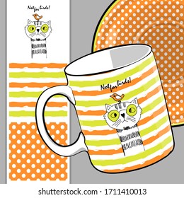 Set of vector seamless patterns with funny pretty cats. Print on T-shirts, cups and other fashion products. Design clothing and accessories.