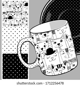 Set of vector seamless patterns with funny pretty cats. Print on T-shirts, cups and other fashion products. Design clothing and accessories.