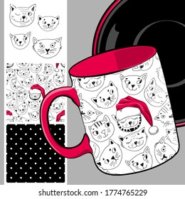 Set of vector seamless patterns with funny cat - santa claus with a red cap. Print on T-shirts, cups and other fashion products. Design clothing and accessories. Happy New Year.